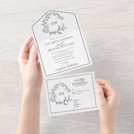 Invitación Todo En Uno Boda Monograma del Escudo de Leafy Negro Blanco