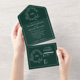 Invitación Todo En Uno Boda Monograma del Escudo Esmeralda Green Leafy