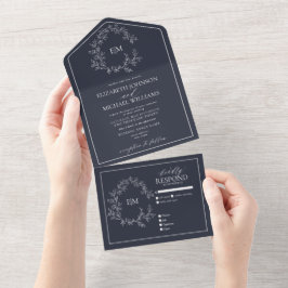 Invitación Todo En Uno Boda Monograma Escudo de la Marina Blue Leafy