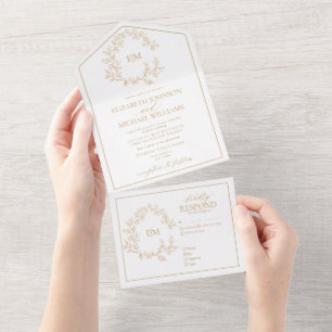 Invitación Todo En Uno Boda Monograma Escudo de Leafy de Oro Moderno