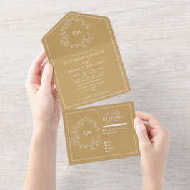 Invitación Todo En Uno Boda Monograma Escudo de Leafy de Oro Moderno