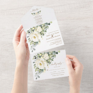Invitación Todo En Uno Boda Monograma Gold de Flores blancas de color agu