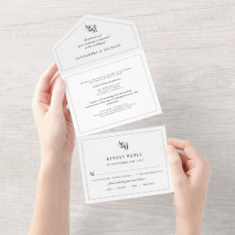 Invitación Todo En Uno Boda monograma moderno blanco y negro simple