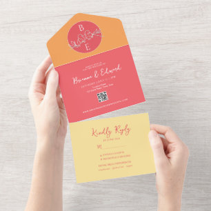 Invitación Todo En Uno Boda Monograma Naranja Melocotón
