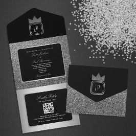 Invitación Todo En Uno Boda Monograma Purpurina negro plateado de lujo
