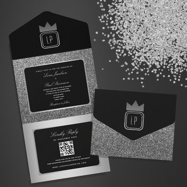Invitación Todo En Uno Boda Monograma Purpurina negro plateado de lujo (Subido por el creador)