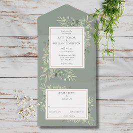 Invitación Todo En Uno Boda Monograma Verde Salvia Verde Botánica