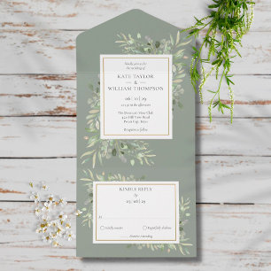 Invitación Todo En Uno Boda Monograma Verde Salvia Verdejante Botánico