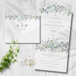 Invitación Todo En Uno Boda Monograma Verde Y Lila De Follaje