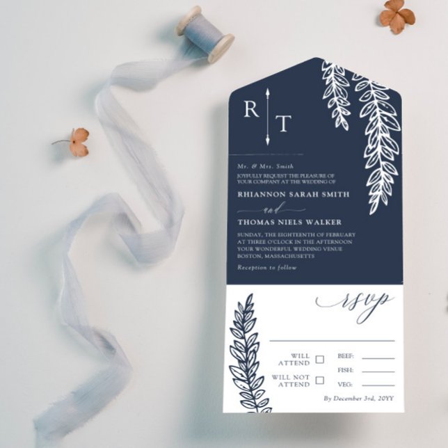 Invitación Todo En Uno Boda Monogramado de la Marina White Greeneration (Subido por el creador)