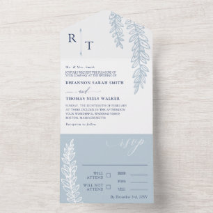 Invitación Todo En Uno Boda Monogramado de la vegetación azul marina y de