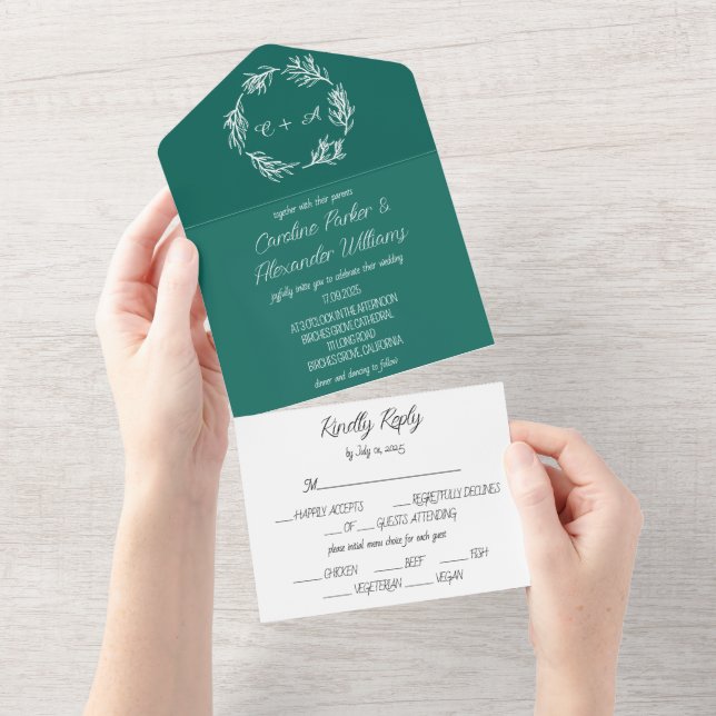 Invitación Todo En Uno Boda Monogramado Emerald Green Simple Moderno (desgarro)