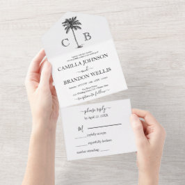 Invitación Todo En Uno Boda Monogramas Palma Tropical Elegante