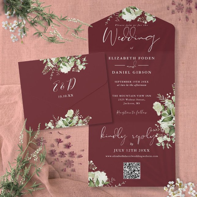 Invitación Todo En Uno Boda monogramo de código QR de la vegetación rosa  (Rosewood Pink Greenery QR Code Monogram Wedding All In One Invitation)
