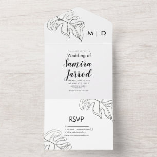 Invitación Todo En Uno Boda Monstera Hoja Doble Línea Arte Blanco Negro 