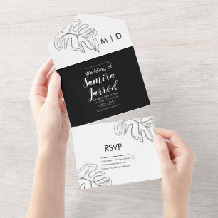 Invitación Todo En Uno Boda Monstera Hoja Doble Línea Arte Blanco Negro