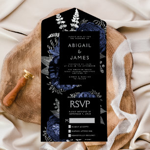 Invitación Todo En Uno Boda Moody Dark Floral Azul Marino Plateado