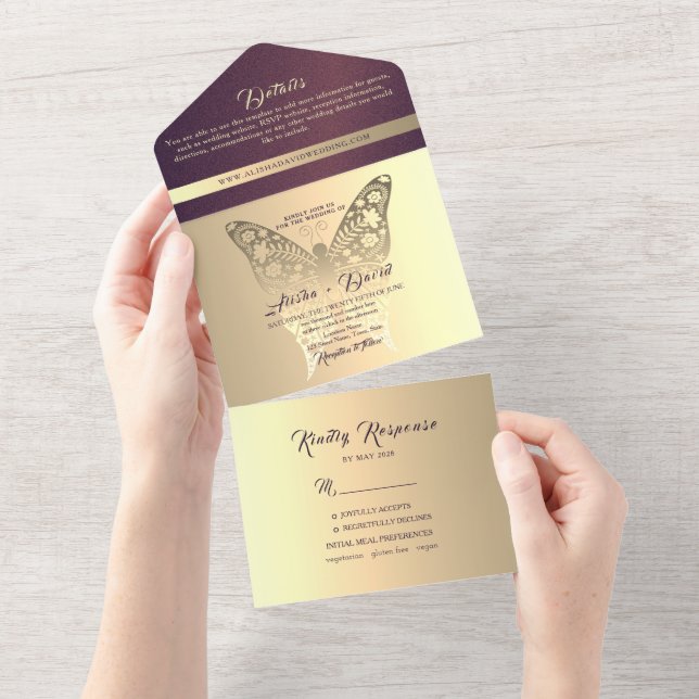 Invitación Todo En Uno Boda Morada Chic de Lujo (desgarro)