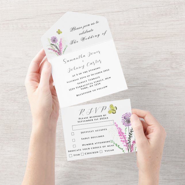 Invitación Todo En Uno Boda morado de flor silvestre acuarela (desgarro)