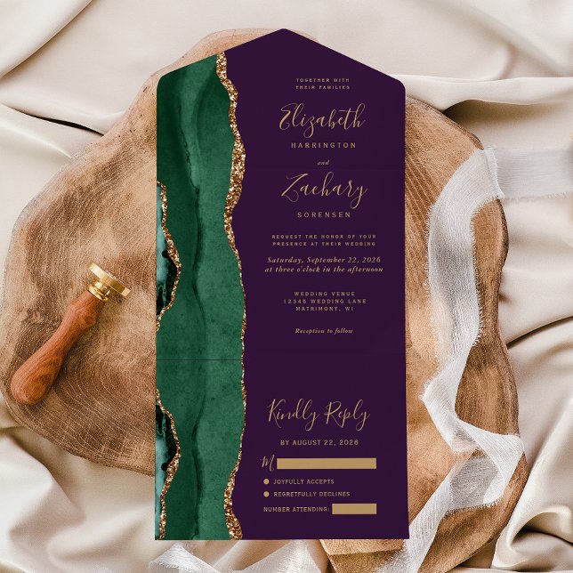 Invitación Todo En Uno Boda morado de la moderna Emerald Green Gold Agate (Subido por el creador)