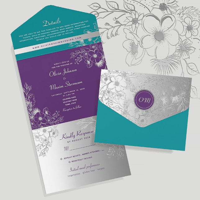 Invitación Todo En Uno Boda morado de plata Verde azulada (Subido por el creador)