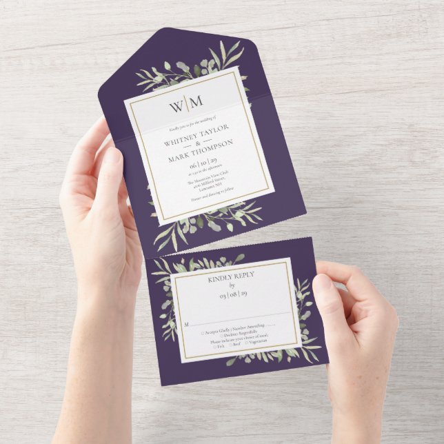 Invitación Todo En Uno Boda morado del follaje verde monograma (desgarro)