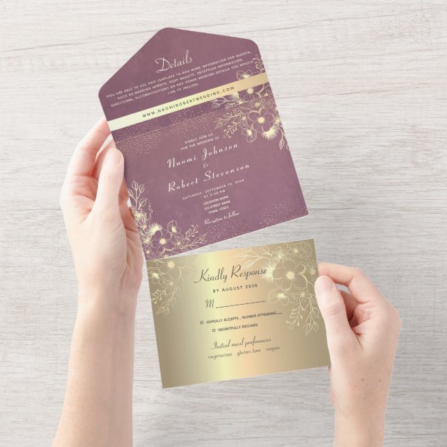 Invitación Todo En Uno Boda morado dorado floral (desgarro)
