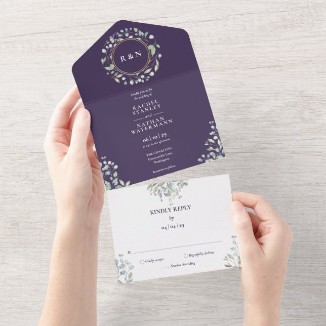 Invitación Todo En Uno Boda morado floral de monograma verde (desgarro)