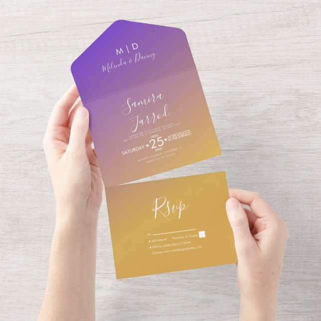 Invitación Todo En Uno Boda morado gradiente amarillo (desgarro)