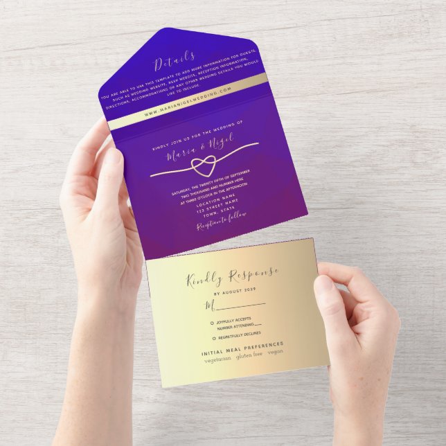 Invitación Todo En Uno Boda Morado Real (desgarro)