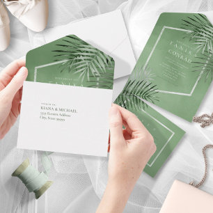 Invitación Todo En Uno Boda Moss Green ID956 de la hoja de palma exuberan