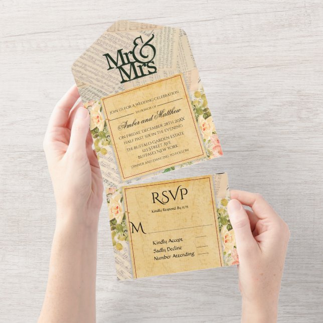 Invitación Todo En Uno Boda musical de Floral (desgarro)