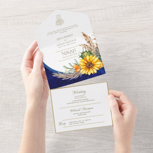 Invitación Todo En Uno Boda musulmana floral floral de girasol azul LeahG (desgarro)