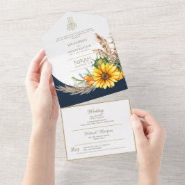 Invitación Todo En Uno Boda musulmana floral floral de girasol azul LeahG