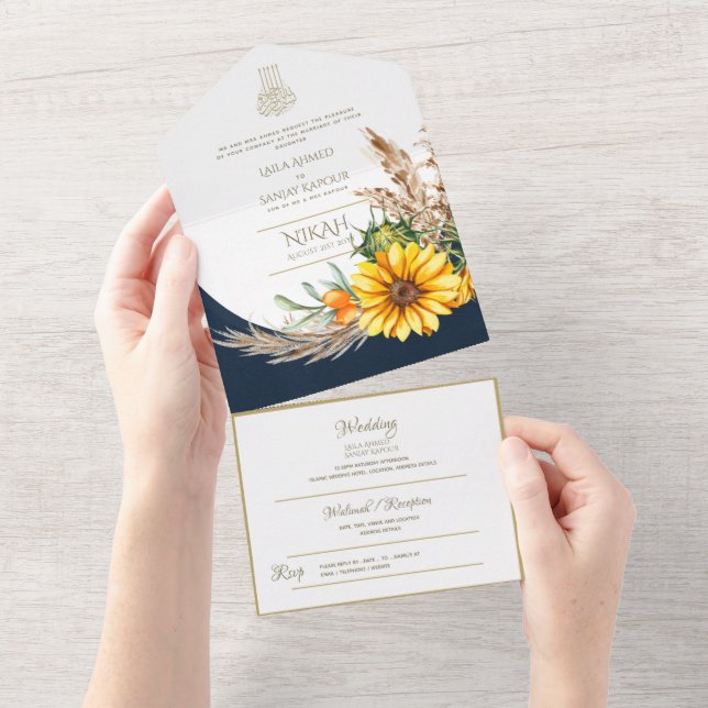 Invitación Todo En Uno Boda musulmana floral floral de girasol azul LeahG (desgarro)