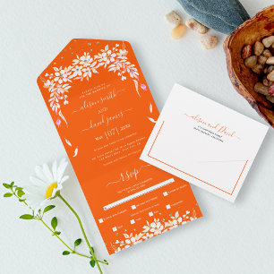 Invitación Todo En Uno Boda naranja de garland floral blanca en cascada