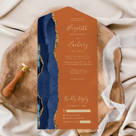 Invitación Todo En Uno Boda Naranja de la Marina Blue Gold Agate