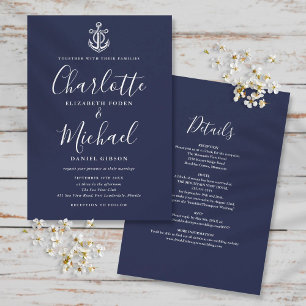Invitación Todo En Uno Boda Náutica Azul Marino Y Blanco