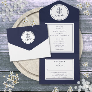 Invitación Todo En Uno Boda náutica con ancla azul marino