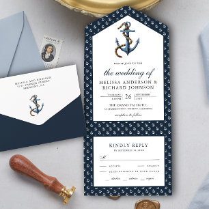 Invitación Todo En Uno Boda náutica con ancla azul marino rústica
