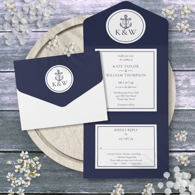 Invitación Todo En Uno Boda náutica de ancla azul marino (Navy Blue Anchor Nautical Wedding All In One Invitation)