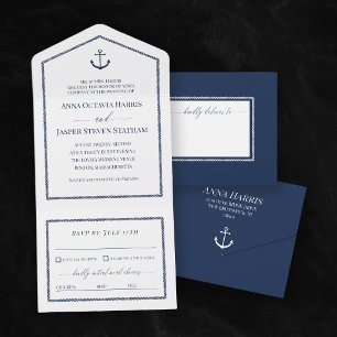 Invitación Todo En Uno Boda náutica de ancla azul marino blanca 