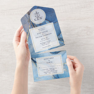 Invitación Todo En Uno Boda náutica de ancla de ágata azul marino y dorad