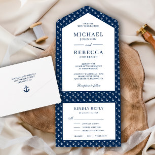 Invitación Todo En Uno Boda náutica de azul marino y anclas blancas