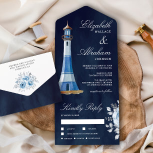 Invitación Todo En Uno Boda náutica de faro en acuarela azul marino