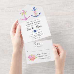 Invitación Todo En Uno Boda náutica floral acuarela