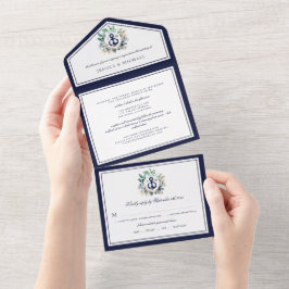 Invitación Todo En Uno Boda Nautical Anchor Greenery Wreath Navy
