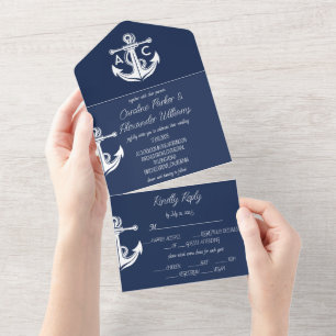 Invitación Todo En Uno Boda Nautical Navy Blue Elegant Modern Boat