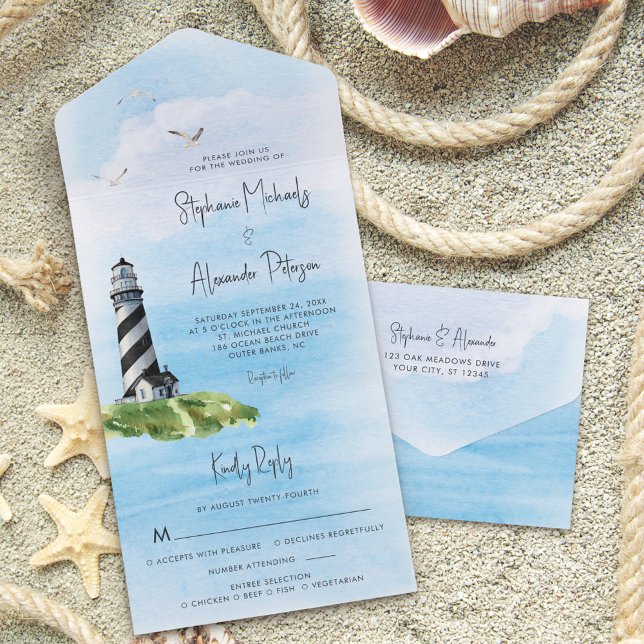 Invitación Todo En Uno Boda náutico acuarela de faro (Subido por el creador)