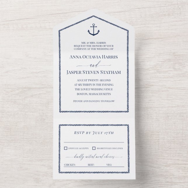 Invitación Todo En Uno Boda Náutico Ancla Azul de la Marina Blanca (Interior)